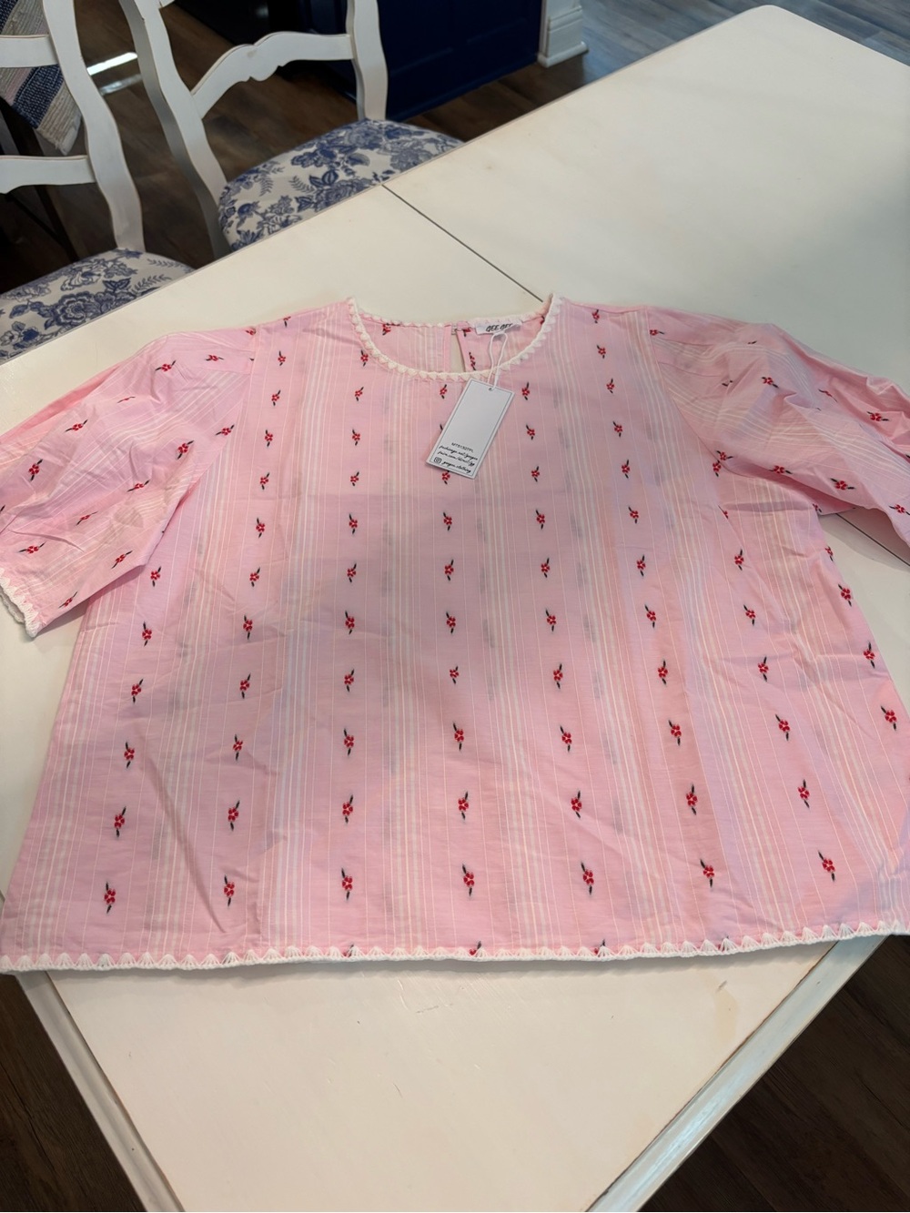 Light Pink Floral-Embroidered Short Sleeve Blouse